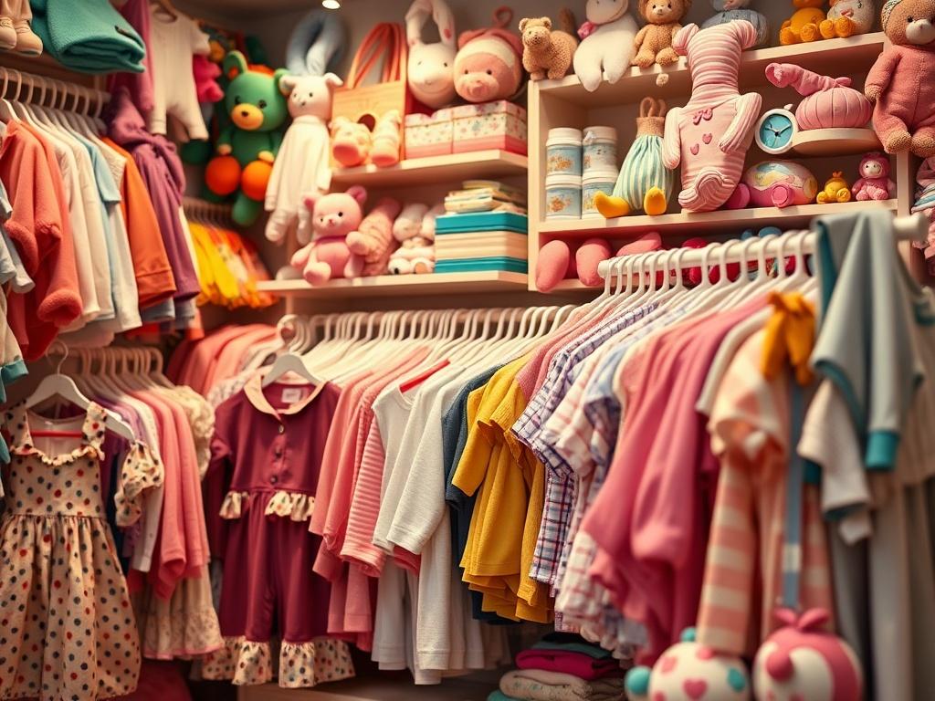 An appealing close-up of a neatly arranged display of second-hand children's clothing, toys, and baby products in a cozy boutique setting, showcasing vibrant colors and textures. The lighting is warm, highlighting the quality of the items.