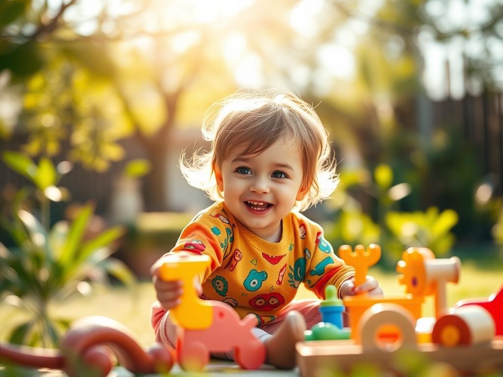 A vibrant and warm image of a child wearing colorful second-hand clothes, playing with eco-friendly toys in a sunny outdoor setting, surrounded by greenery. The focus is on the child, with a soft bokeh effect in the background, showcasing the joy of sustainable living.