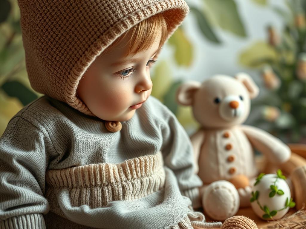 A hyper-realistic close-up shot of eco-friendly children's clothing and sustainable toys, artistically displayed to highlight their natural materials and colors. The background should reflect a nature-inspired theme, enhancing the eco-conscious message of the products.