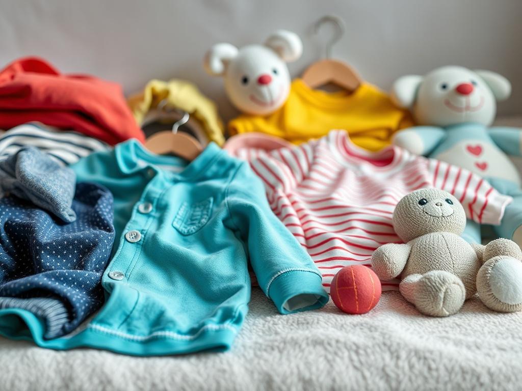 A hyper-realistic close-up shot of a selection of second-hand children's clothing and toys, arranged neatly on a soft surface. The image should convey a sense of quality and care, showcasing bright colors and textures. The background should be simple and unobtrusive, enhancing the focus on the clothing and toys in the foreground.
