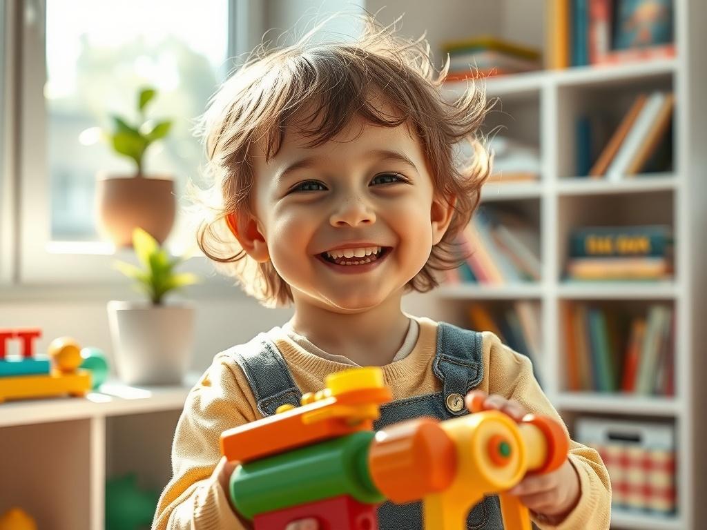 **AI Image Generation Prompt:**

Create a realistic high-resolution photo depicting a joyful child around 6-8 years old, wearing a stylish second-hand outfit. The child should be playing with a colorful, vintage toy, expressing wonder and excitement. The scene should be set in a sunlit, cheerful room filled with natural light streaming through a large window, showcasing a cozy, inviting environment.

The background should include a neatly organized shelf with various second-hand toys and children's books, e