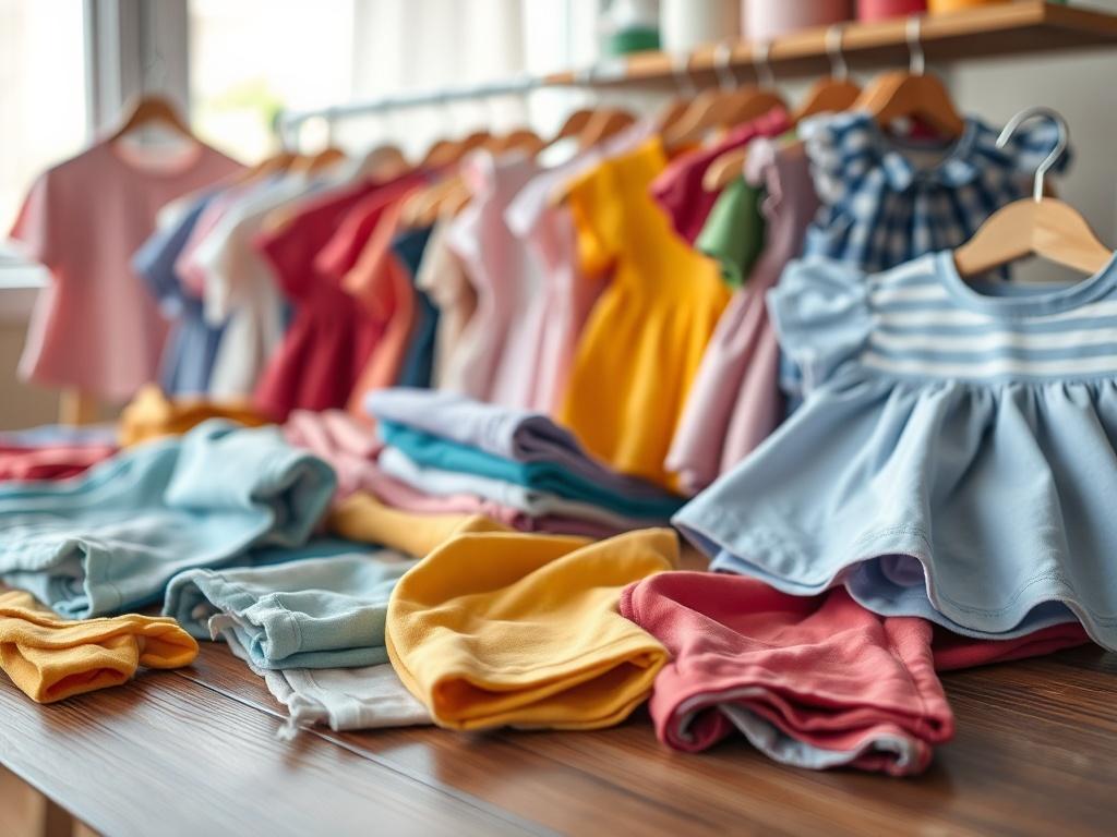A close-up shot of a variety of second-hand children's clothing displayed on a wooden table, including colorful shirts, pants, and dresses, with a soft natural light background.
