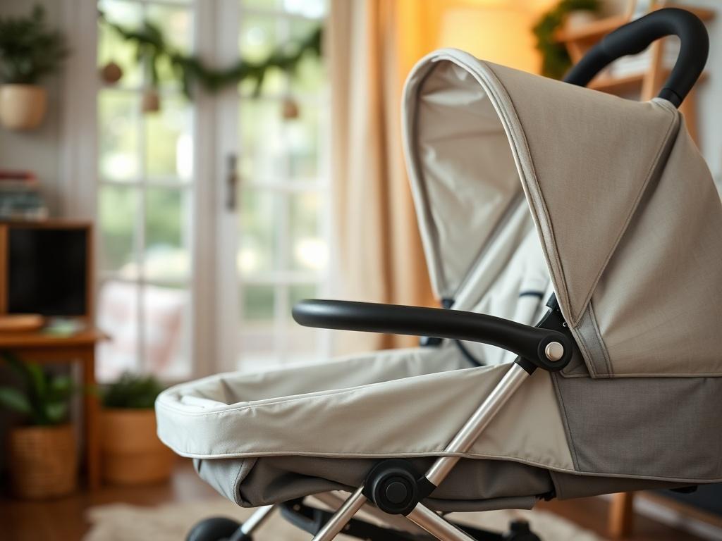 A close-up shot of a gently used baby stroller displayed in a cozy home environment. The stroller should be clean and well-maintained, with soft lighting highlighting its features, conveying safety and comfort for parents and children.