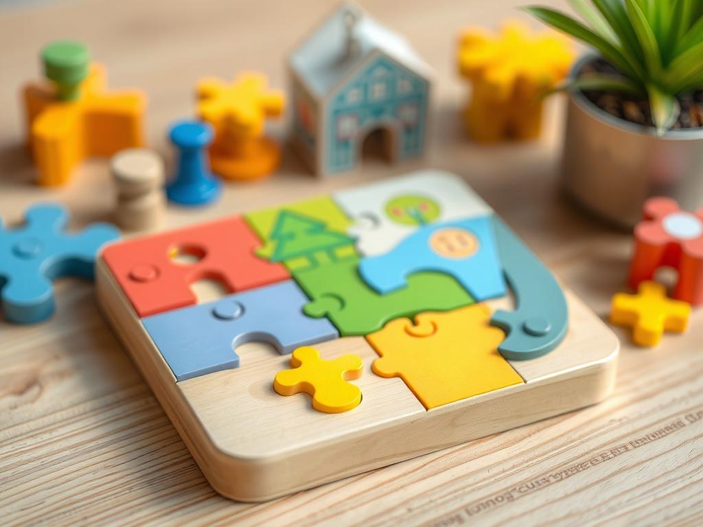 A close-up shot of a colorful second-hand educational toy, such as a wooden puzzle, placed on a light wooden surface. The toy should be vibrant and engaging, showcasing its educational features, with soft natural light enhancing its appeal.