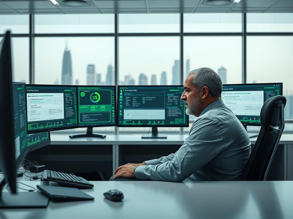 **Prompt for AI Image Generator:**

Create a highly realistic high-resolution photo that visually represents the theme of "The Rising Tide of Cyber Threats Amid the Middle East Crisis." The composition should focus on a solitary figure seated in a sleek, modern office space. This individual should be a middle-aged man, of Middle Eastern descent, intently engaged with multiple computer screens displaying various cybersecurity analytics and threat alerts. The facial expression should convey a sense of urgency and concentration. 

In the background, showcase a city skyline that subtly alludes to a Middle Eastern urban environment, with recognizable architectural elements that reflect the region's contemporary design. The office should have a clean layout with minimal clutter, emphasizing a professional atmosphere. The primary color palette should incorporate shades of green (rgb(50, 170, 39)) to create a cohesive look that aligns with themes of technology and security.

Lighting should be bright and focus on the subject, highlighting the contrast between the individual and the digital screens, which should glow with vibrant colors showcasing graphs and red alert signals. Ensure the image captures the gravity of the situation, representing the surge in cyberattacks linked to geopolitical tensions, while maintaining a clear and simple composition centered on one subject.
