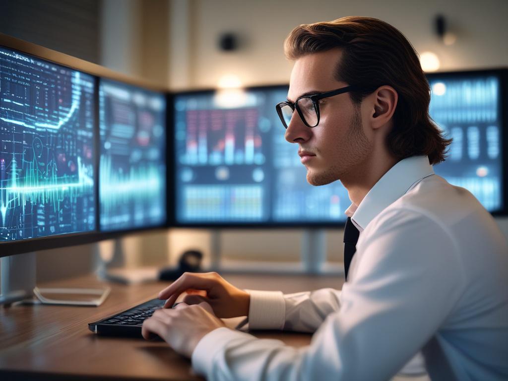 close-up shot of a cybersecurity expert analyzing data on a digital screen, hyper-realistic, 45mm f/1.2 lens style, soft background focus