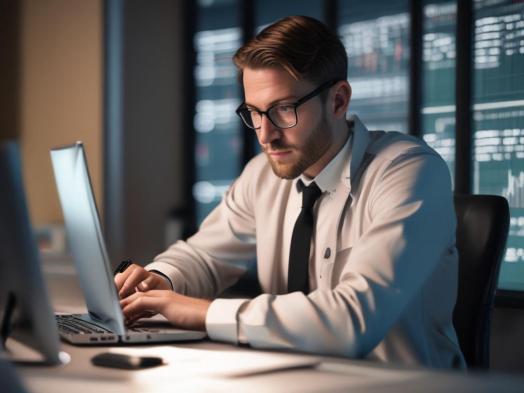 high-resolution image of a cybersecurity analyst reviewing vulnerability reports on a laptop, hyper-realistic, 45mm f/1.2 lens style, subtle lighting