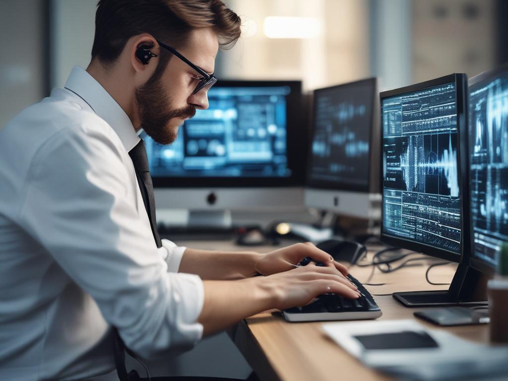 close-up shot of a cybersecurity professional conducting penetration testing on a computer, hyper-realistic, 45mm f/1.2 lens style, clean workspace background