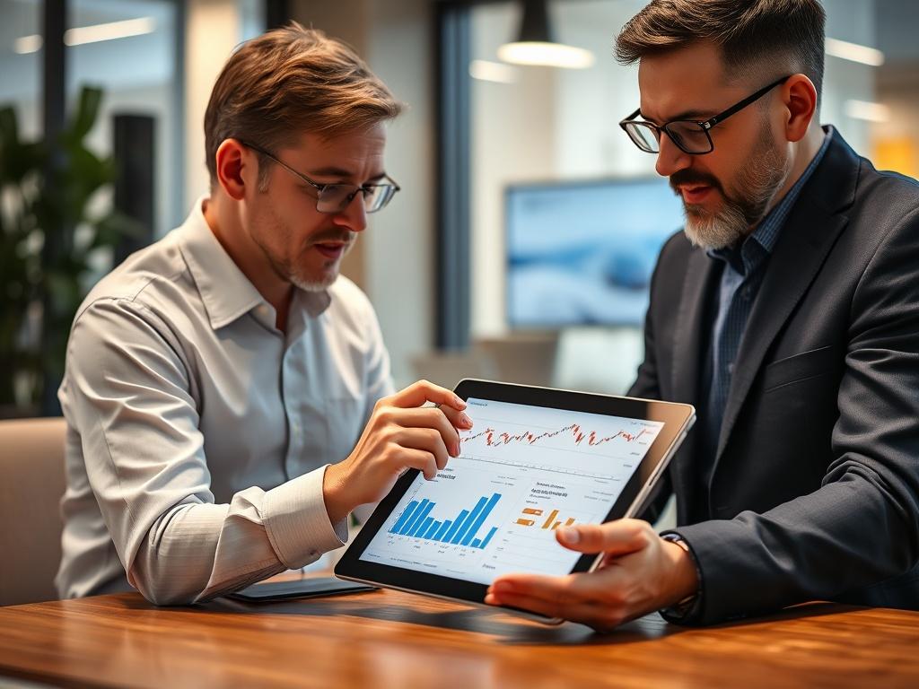 A financial advisor reviewing investment charts on a tablet with