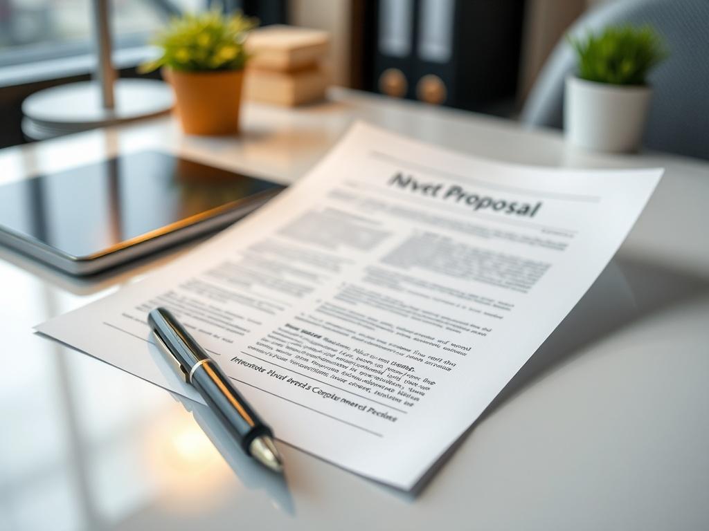 A detailed investment proposal document displayed on a sleek desk