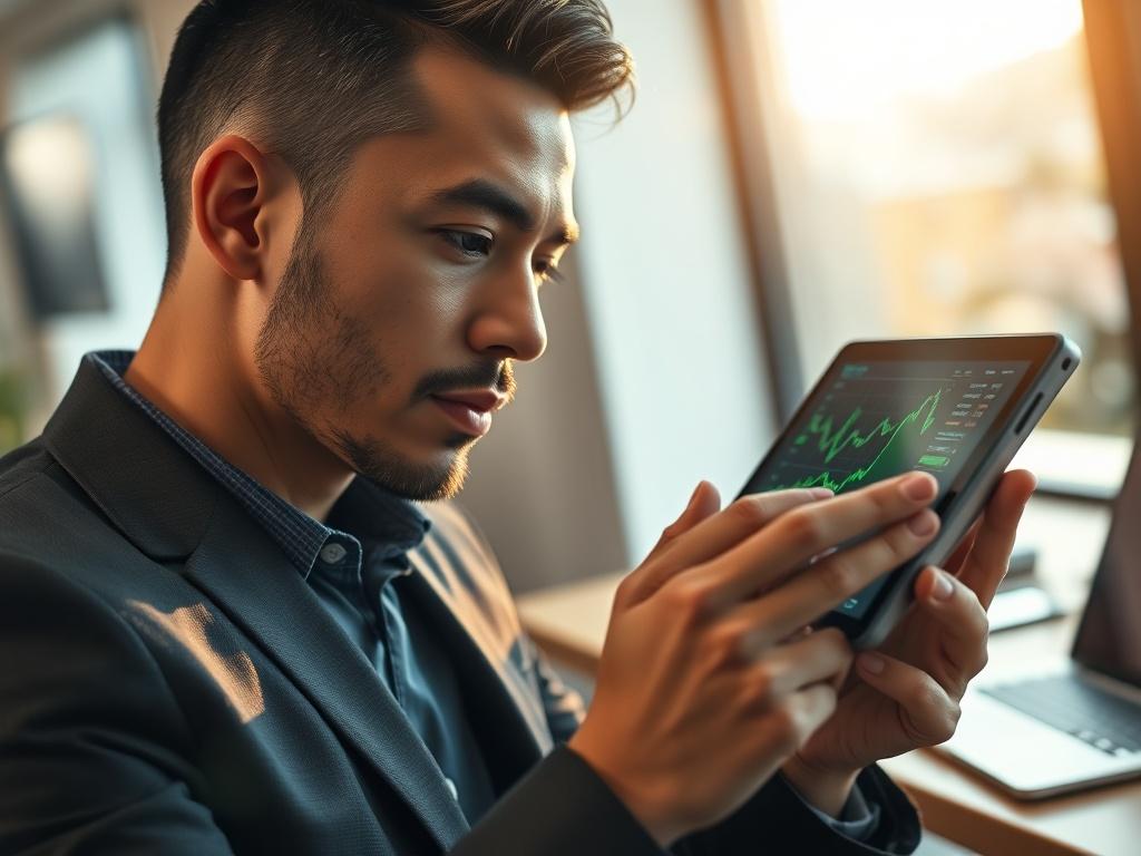 Generate a realistic high-resolution close-up photograph featuring a person engaging with a digital tablet, showcasing a stock market chart or cryptocurrency graphics related to GoGlobalBizzCoin (GGBC). The subject should be a confident, professional-looking individual in business attire, appearing focused and engaged while analyzing the investment data on the screen. 
The background should be softly blurred to emphasize the subject, featuring a modern office space with subtle elements of technology, such