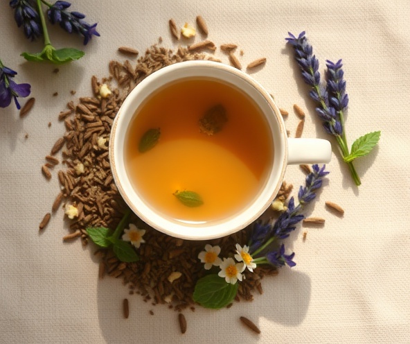 Serene teacup with herbal tea and loose herbs