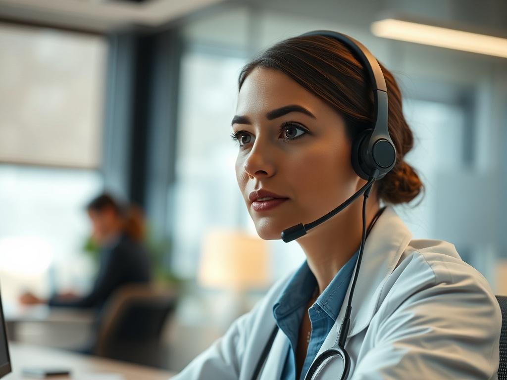 A close-up shot of a healthcare professional at a desk with a headset, engaged in a conversation with an insurance carrier. The background is a softly blurred office environment, showcasing a calm and efficient workspace. The subject has a focused expression, highlighting professionalism. Lighting is warm and inviting, with an emphasis on the subject's face.