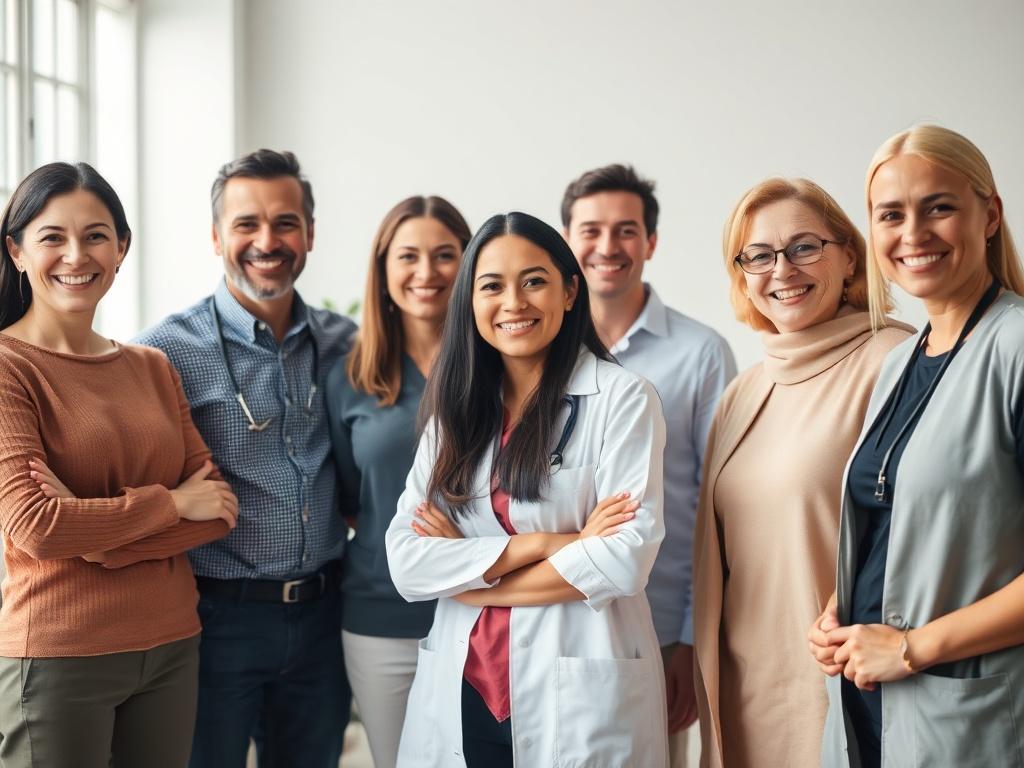 A close-up shot of a smiling group of therapists standing together in a well-lit office space. They are diverse in gender and ethnicity, showcasing a warm and inviting atmosphere. The background features subtle elements like soft plants and comfortable furniture to emphasize a professional yet welcoming environment. The lighting is bright and natural, enhancing the cheerful expressions of the therapists. The image should have a hyper-realistic quality, captured with a 45mm f/1.2 lens style, and compatible w