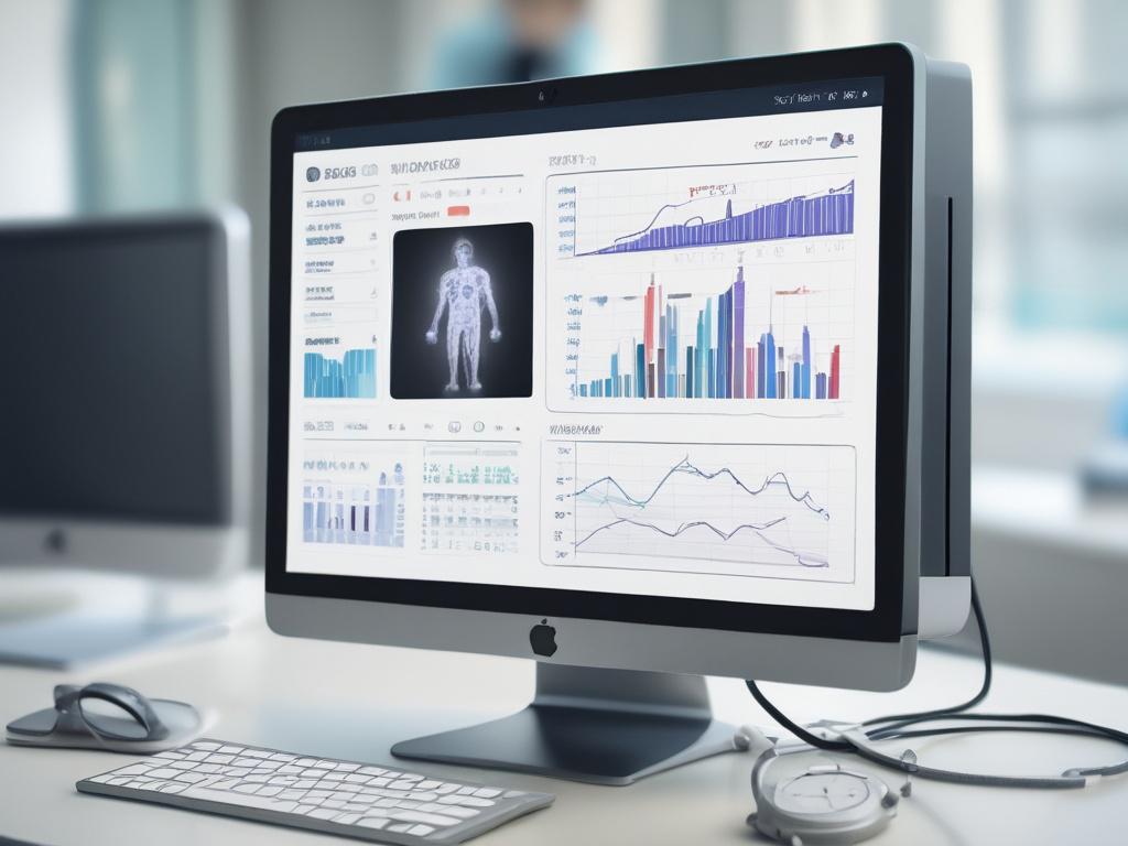 A hyper-realistic, close-up shot of a modern Electronic Health Record (EHR) system interface displayed on a sleek computer screen. The focus is sharp with a shallow depth of field, captured with a 45mm f/1.2 lens style. The screen shows clear, organized patient data and appointment schedules, reflecting efficiency and professionalism. The background is softly blurred, featuring a subtle #062767 color tone to complement the primary color of the brand. The composition is simple and clean, emphasizing technolo