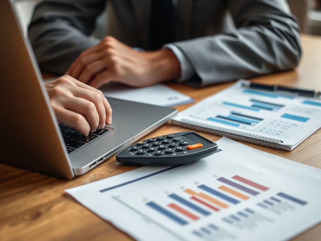 A close-up shot of a business professional analyzing financial documents on a desk. The scene includes a laptop, a calculator, and a notepad with financial graphs. The background is softly blurred to highlight the subject. The image should have a hyper-realistic style, capturing the focus and dedication of the professional as they review accounts receivable data, with warm lighting to create an inviting atmosphere.