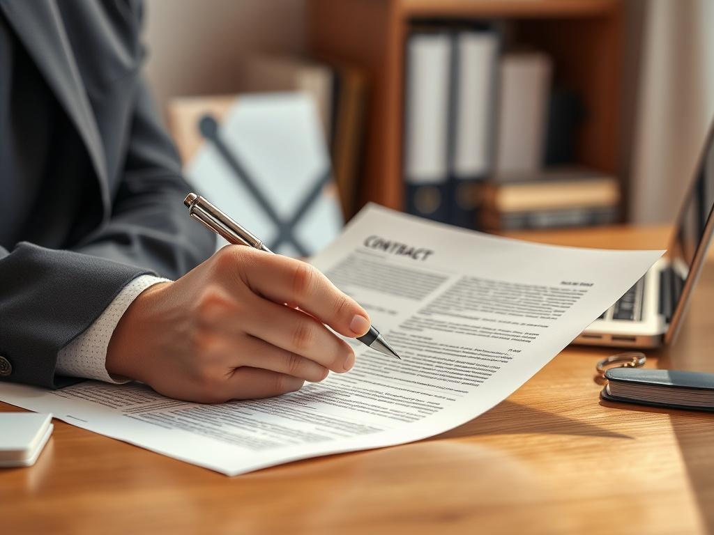 A close-up shot of a professional reviewing a contract document with a pen in hand. The background features a neatly organized workspace with a laptop and legal books. The lighting is warm and inviting, emphasizing the focus on the contract. The image should convey a sense of diligence and professionalism, showcasing the importance of contract evaluation.