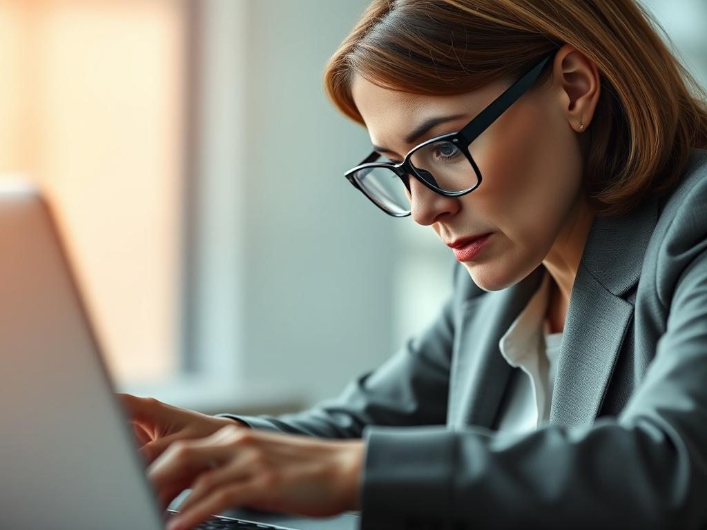 A focused close-up image of a confident professional engaged in a negotiation over a laptop. The subject is a middle-aged woman with glasses, wearing business attire, showing determination and clarity. The background is softly blurred, emphasizing the serious nature of the negotiation while incorporating a color palette that includes shades of #062767.
