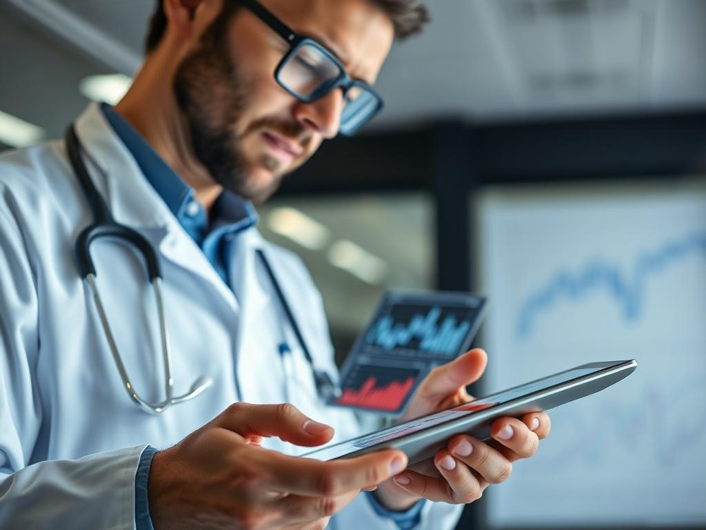 A close-up shot of a healthcare professional analyzing data on a digital tablet, surrounded by graphs and charts representing denial patterns. The background should be a modern office environment, conveying a sense of professionalism and focus. The lighting should be bright and clear, emphasizing the details on the tablet screen. The overall composition should be simple and clear, highlighting the subject of the healthcare professional.