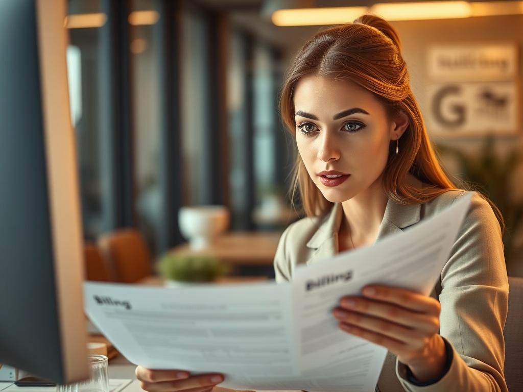 A close-up shot of a professional woman, focused on a computer screen, analyzing billing documents in a modern office environment. The background is softly blurred to emphasize her concentration. The lighting is warm and inviting, highlighting the details of the paperwork and her thoughtful expression. The color palette aligns with the primary color #062767.