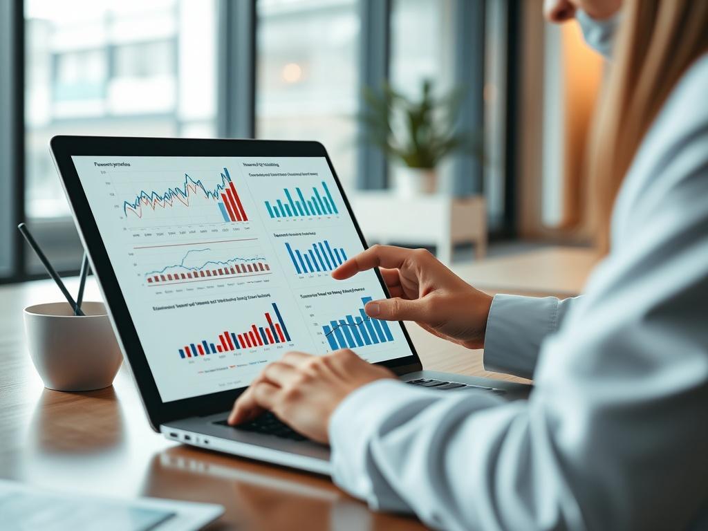 A close-up shot of a healthcare professional analyzing financial charts and data on a laptop, with a focus on graphs showcasing revenue projections and payer mix analysis. The background should be a modern office environment, emphasizing professionalism and strategic planning, with a subtle color palette that aligns with the primary color #062767.