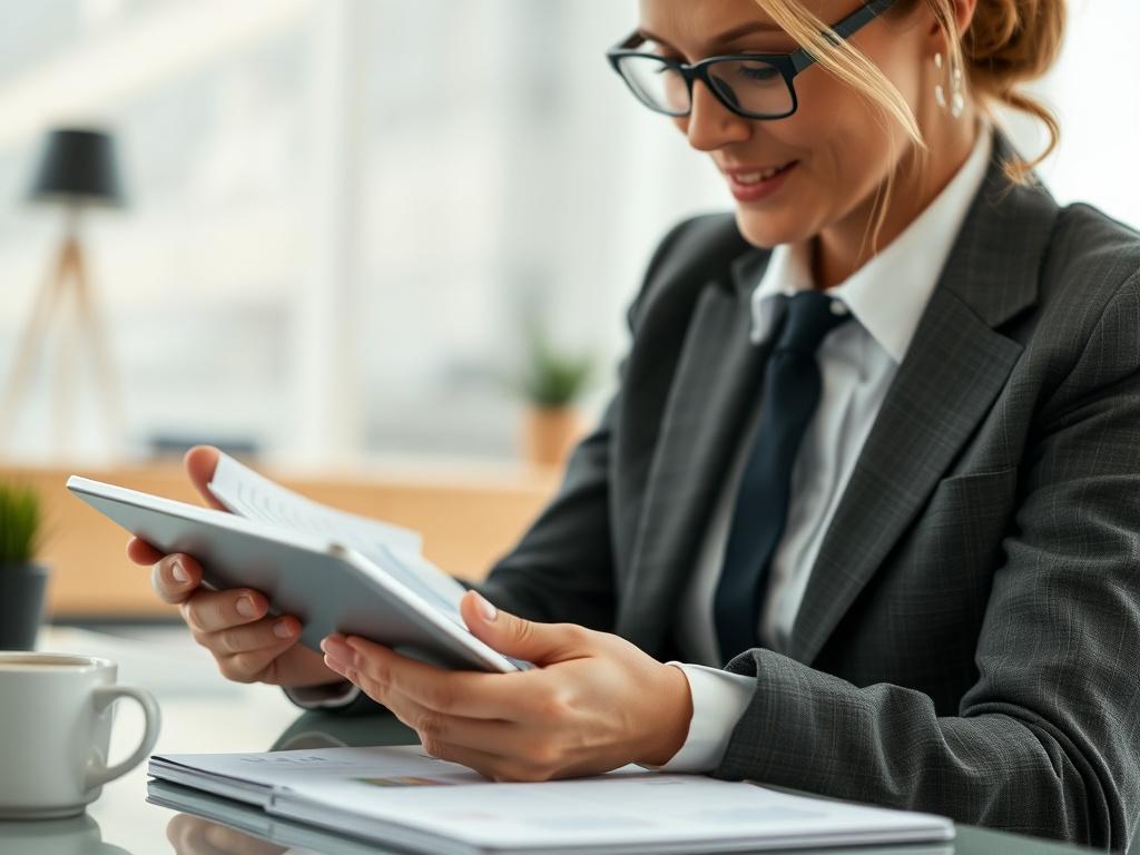 A close-up shot of a mental health consultant analyzing charts on a tablet, with a notepad and coffee cup on the side, in a modern office environment. The background should be blurred to ensure focus on the consultant's engaged expression. Colors should complement the primary color #062767, reflecting a professional ambiance.