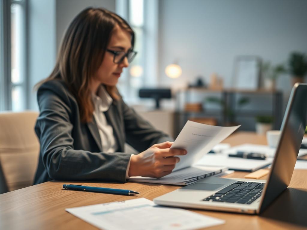 A close-up shot of a mental health professional reviewing documents at a desk, with a laptop and notes scattered around, in a well-lit office setting. The background should be soft and blurred to emphasize the subject. The colors should harmonize with the primary color #062767, creating a professional and calm atmosphere.