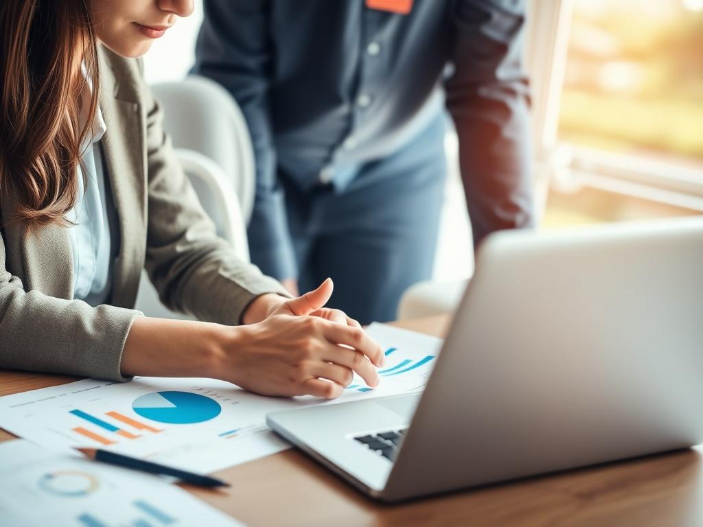 A close-up shot of a mental health revenue specialist discussing strategies with a colleague over a laptop, with charts and documents visible on the table. The setting should be bright and professional, with details that resonate with the primary color #062767, creating a collaborative atmosphere.