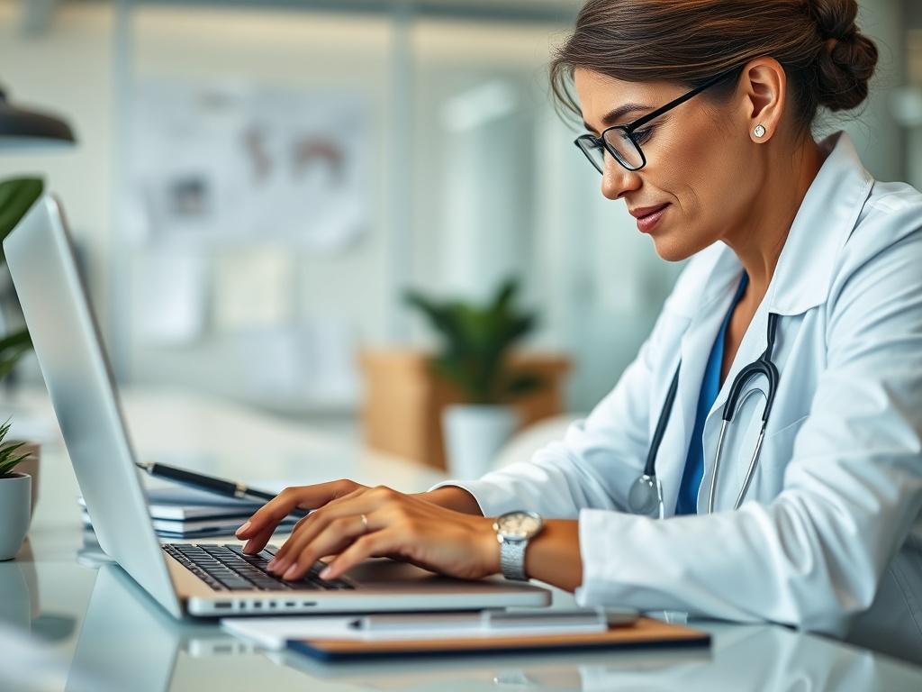 A close-up shot of a professional healthcare administrator engaged in claims submission work on a laptop. The background is softly blurred to emphasize the subject, which is a focused individual in a well-lit office environment, surrounded by documents and a notepad. The overall tone is professional and organized, reflecting efficiency and attention to detail, in harmony with the color #062767.