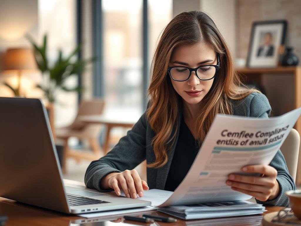 A close-up shot of a focused professional reviewing documents related to compliance and enrollment status in a serene office setting, with a warm and inviting atmosphere. The background should be softly blurred to emphasize the subject, who is seated at a desk with a laptop and paperwork. The overall color scheme should reflect a calming and organized environment, compatible with the rgb(180, 203, 179) color.