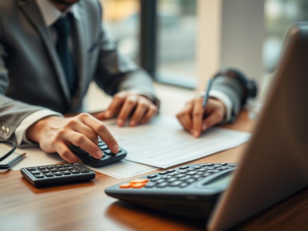 A close-up shot of a professional looking at billing documents on a desk, with a calculator and a laptop open beside them. The background should be softly blurred to emphasize the subject, with warm lighting that creates an inviting and focused atmosphere. The color palette should incorporate shades of #062767 to maintain brand consistency.