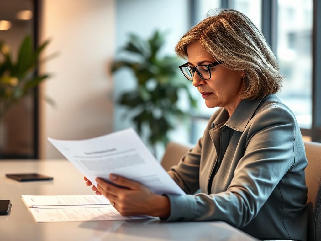 A close-up shot of a professional consultant reviewing documents and compliance checklists on a sleek desk. The background is softly blurred, showcasing a modern office environment with a hint of greenery. The consultant, a middle-aged woman with glasses, is focused and engaged, conveying a sense of professionalism and diligence. The lighting is warm and inviting, with a subtle emphasis on the documents, reflecting a commitment to thoroughness and compliance.