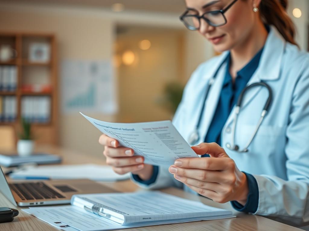 A focused close-up shot of a healthcare professional reviewing a checklist for insurance panel enrollment. The background is softly blurred to emphasize the subject, showcasing a well-organized office environment with medical documents and a laptop in view. The lighting is warm and inviting, creating a professional atmosphere.