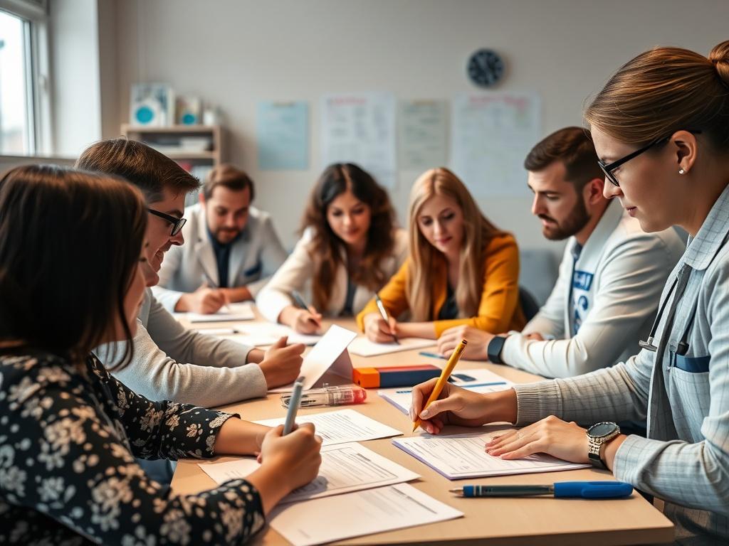 An engaging scene of a group of mental health clinicians practicing insurance claim filing in a workshop environment. The image captures the enthusiastic participants filling out claim forms at their desks, with a knowledgeable instructor guiding them. The atmosphere is collaborative and focused, with educational materials and tools visible in the background.