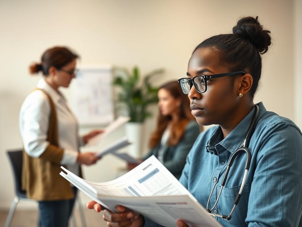 A focused shot of a mental health clinician engaged in a training session, surrounded by charts and billing documents. The clinician looks concentrated, taking notes as a trainer explains billing processes in the background. The setting is a well-lit, professional training room with a modern aesthetic, featuring a simple background that emphasizes the clinician's dedication to mastering billing.