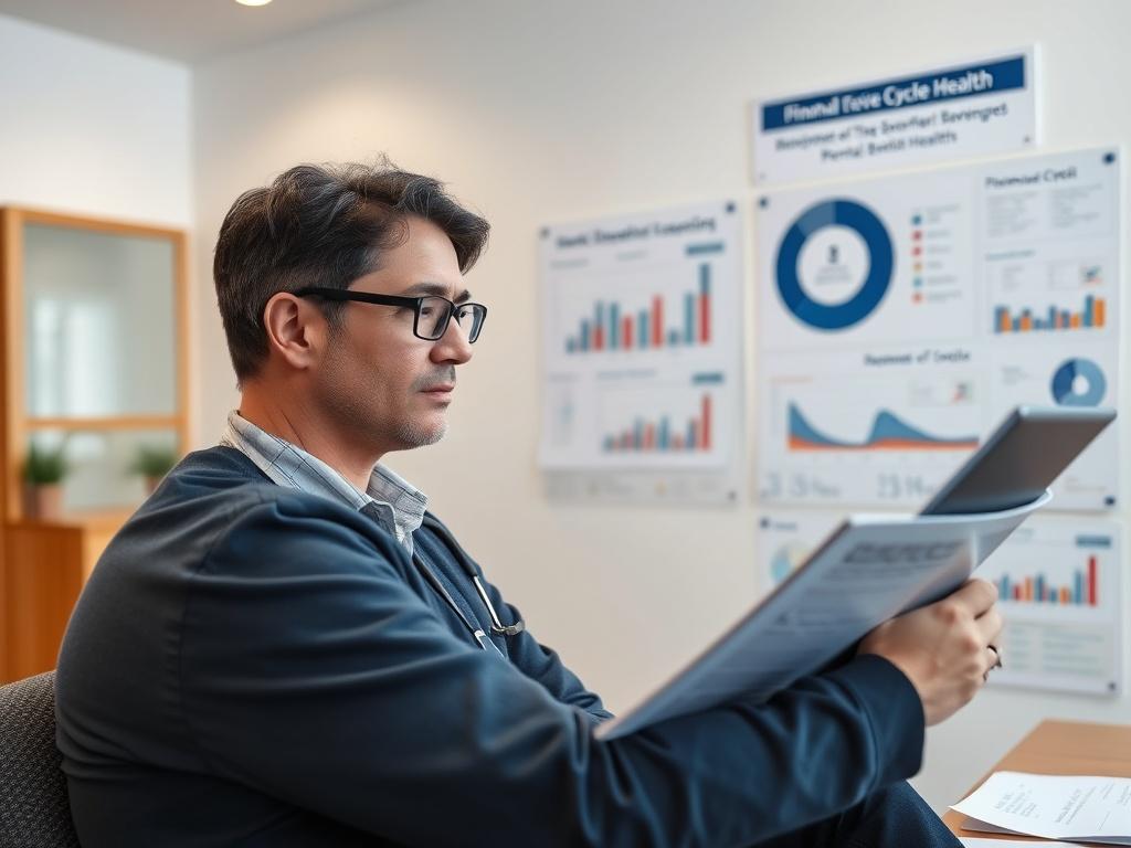 A focused shot of a mental health clinician reviewing financial reports and analytics in a training setting. The clinician looks engaged and interested, surrounded by visual aids that illustrate revenue cycle concepts. The background is a clean, professional environment that emphasizes the importance of financial management in mental health.