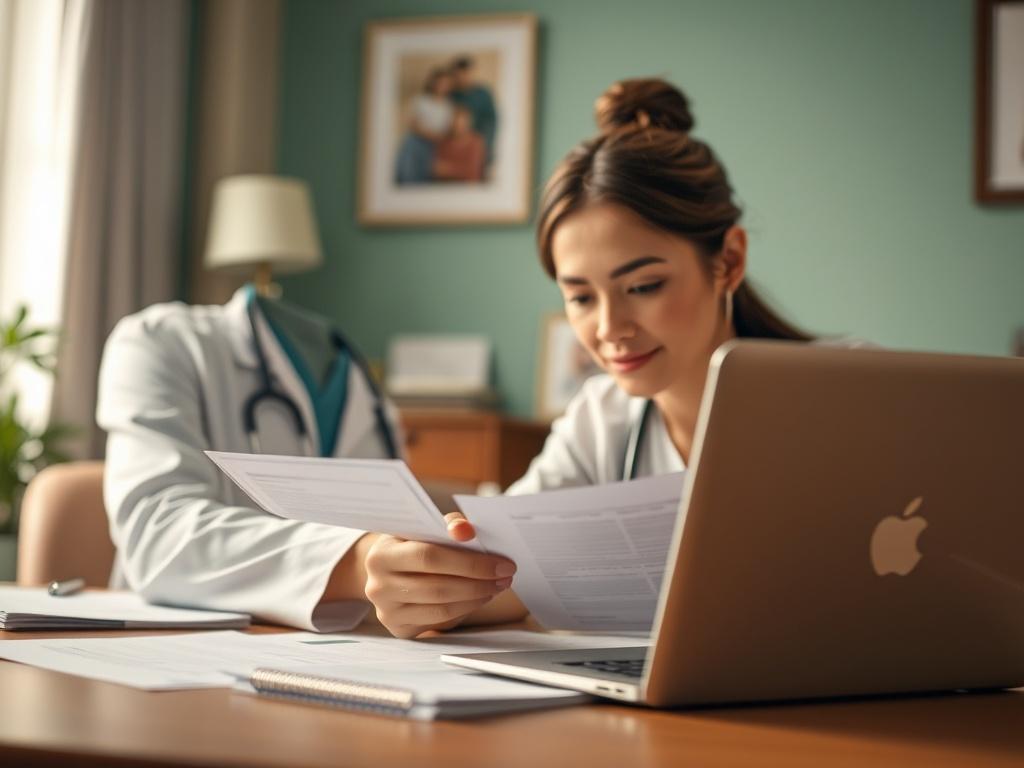 A close-up shot of a focused healthcare professional reviewing Medicaid enrollment documents at a desk. The desk is organized with paperwork and a laptop, emphasizing a professional and supportive atmosphere. The background is softly blurred to enhance the clarity of the subject, with warm lighting that creates a welcoming environment. The color scheme should incorporate shades of soft green to align with the brand's identity.