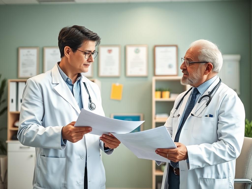 A professional healthcare consultant discussing managed care contracting with a doctor in a modern office setting. The consultant is presenting documents while the doctor looks engaged and interested. Background features a well-organized office with medical certificates on the walls and a soft green color scheme. The image is captured in high resolution with a close-up focus using a 45mm f/1.2 lens.