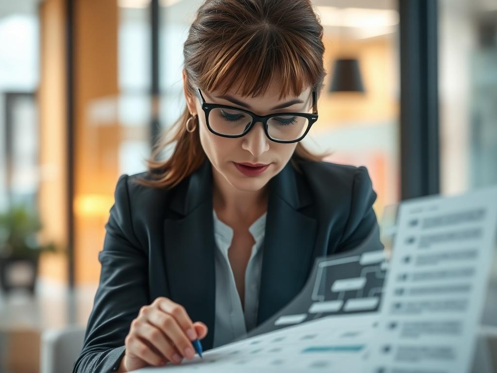 A focused close-up shot of a professional analyzing a flowchart on a glass surface, with a soft focus on the background emphasizing a modern office setting. The subject is a middle-aged woman with glasses, dressed in business attire, deeply engaged in identifying workflow risks. The color scheme should incorporate the #062767 primary color, with natural light illuminating the scene to create a professional and inviting atmosphere.