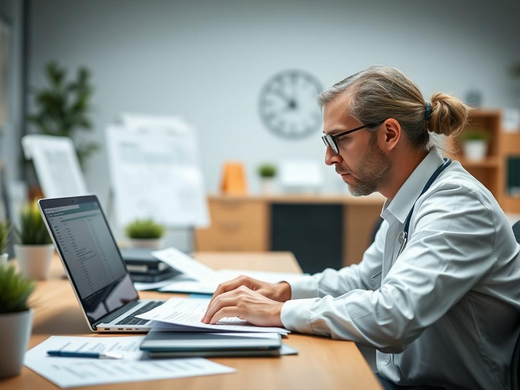 A realistic high-resolution close-up photo of a healthcare professional analyzing billing data on a laptop, with focused expression and documents spread on the desk. The background should be a softly blurred office environment, showcasing a clean and organized workspace, with a hint of the primary color #062767 in decor elements.
