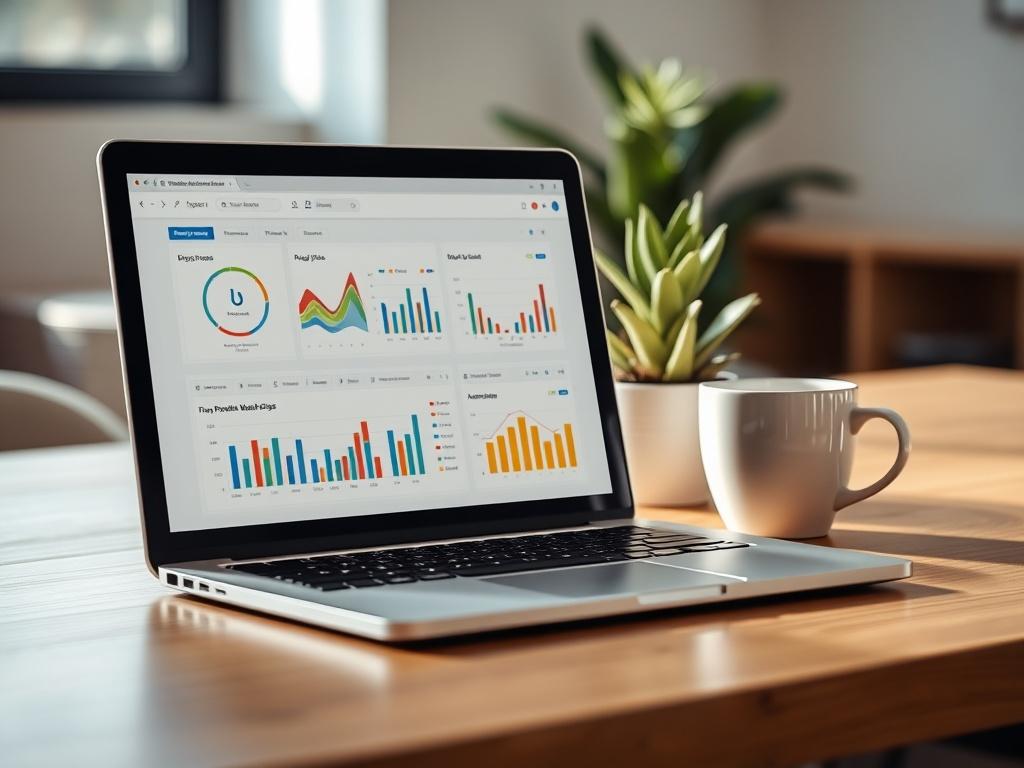 A close-up shot of a modern electronic health record (EHR) system interface displayed on a laptop screen, set on a sleek wooden desk. The screen shows colorful graphs and charts representing patient data analytics. A potted succulent plant and a stylish coffee cup are softly blurred in the background, adding warmth and a professional atmosphere. The lighting is bright and inviting, emphasizing the importance of technology in mental health revenue cycle management.