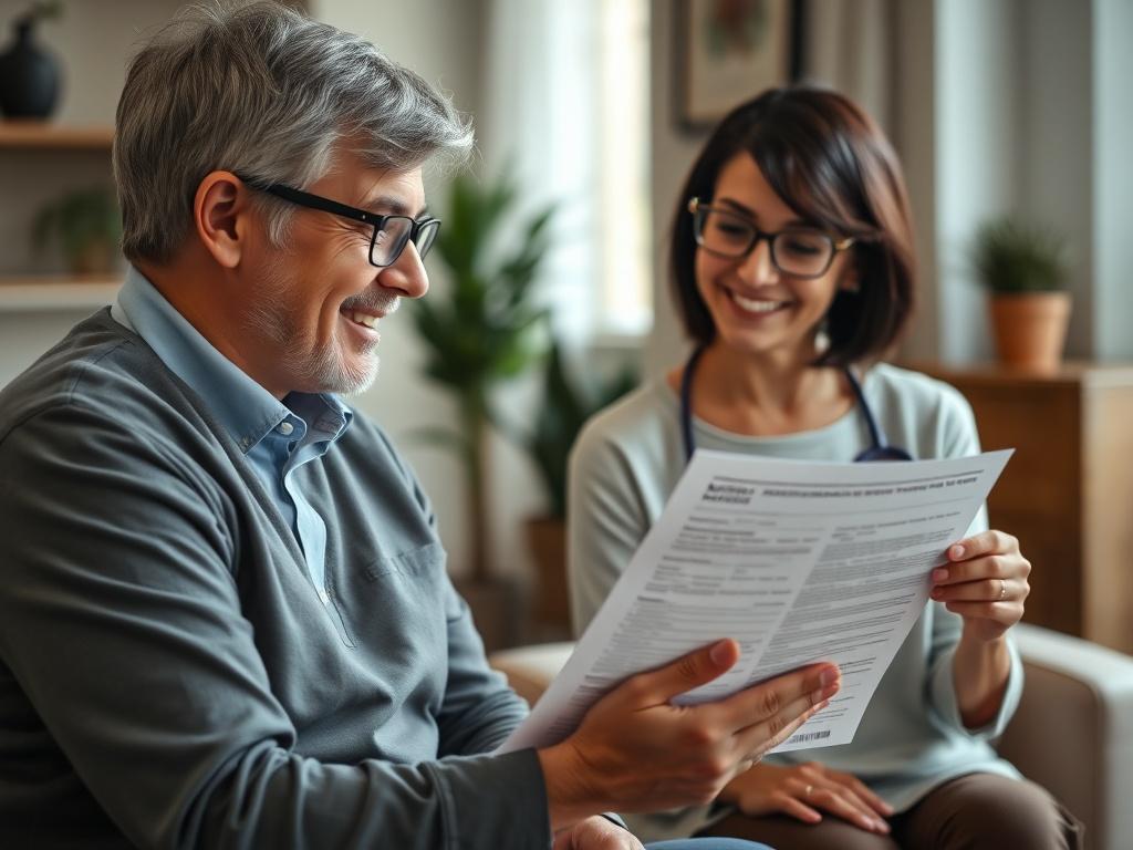 A close-up shot of a healthcare professional reviewing Medicaid application documents with a client in a warm, inviting office setting. The professional, a middle-aged woman with short dark hair, is smiling and pointing to a section of the application, while the client, a young man with glasses, looks engaged and attentive. The background features soft lighting and a few potted plants, creating a comforting atmosphere. The color palette includes shades of brown and earthy tones, compatible with rgb(122, 86,