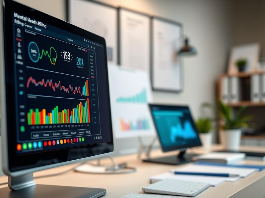 A close-up shot of a computer screen displaying mental health billing software. The interface shows colorful graphs and billing information, with a professional workspace in the background. The image captures a sense of efficiency and organization, shot with a 45mm f/1.2 lens.