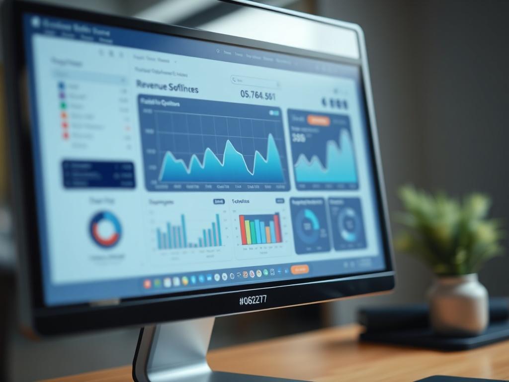 A close-up shot of a modern, sleek billing software interface displayed on a computer screen. The background is softly blurred to keep the focus on the screen, showcasing graphs and charts that represent revenue optimization and compliance metrics. The color scheme incorporates the primary color #062767, providing a professional and calming vibe. The lighting is bright, emphasizing clarity and precision in the software design.