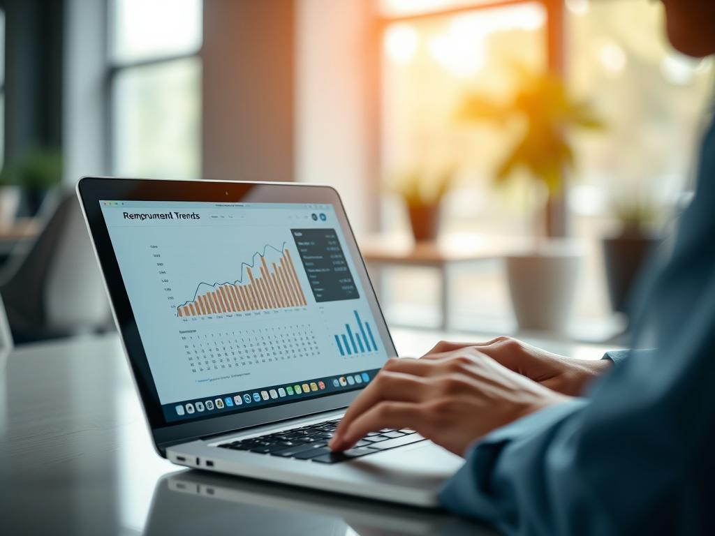 A close-up shot of a healthcare professional analyzing financial data on a laptop, with charts and graphs visible on the screen. The setting is a modern office, with soft lighting creating a professional atmosphere. The focus is on the laptop screen displaying reimbursement trends, while the background is blurred to emphasize the subject. The image should have a realistic high-resolution quality, captured with a 45mm f/1.2 lens style.