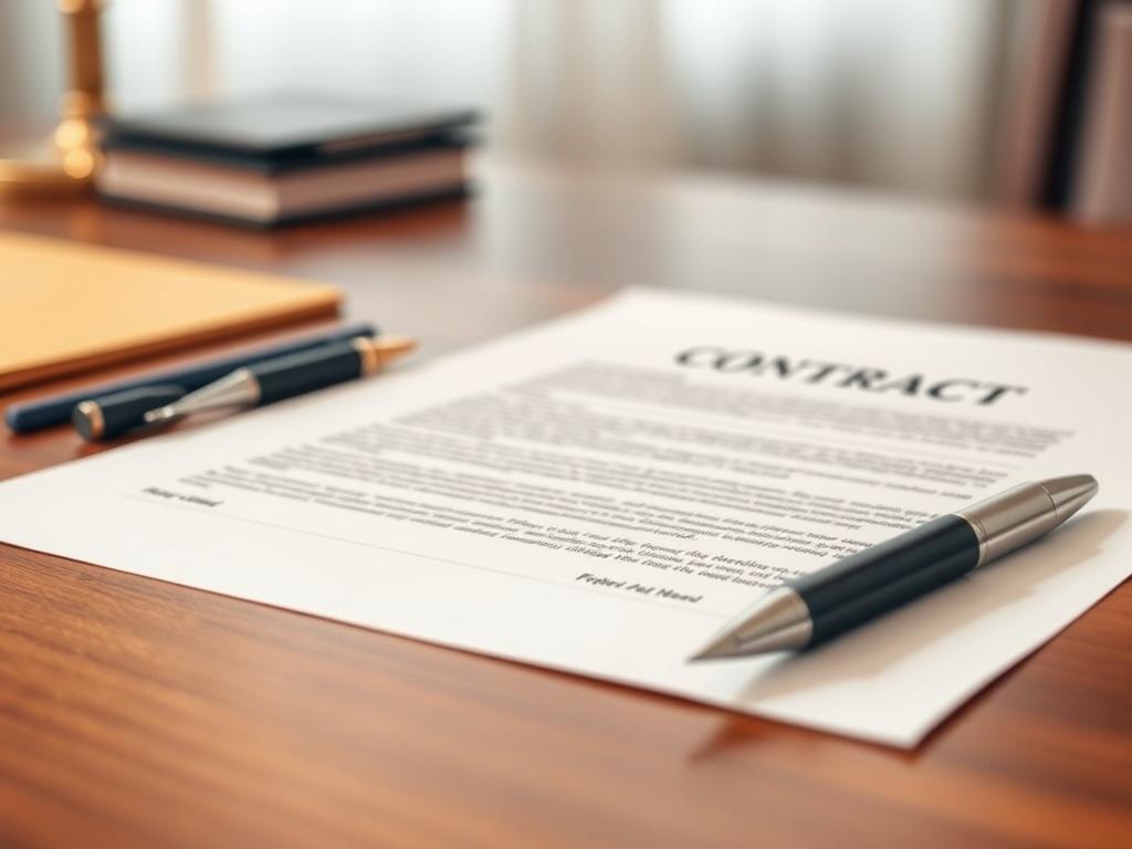 A close-up shot of a professional looking contract document, elegantly displayed on a wooden desk. The document has clear text and a pen placed beside it, suggesting readiness for signing. The background is softly blurred to emphasize the contract in focus. The color scheme incorporates the primary color #062767 subtly in the ink or design elements. The lighting is warm and inviting, creating a welcoming atmosphere.