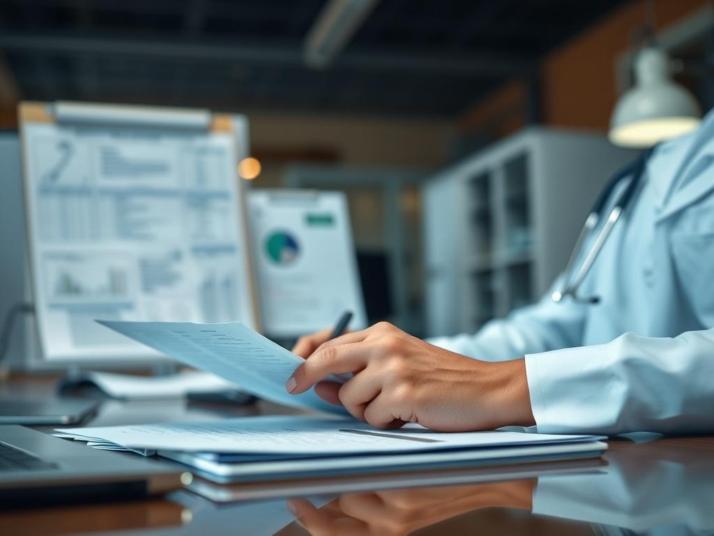 A close-up shot of a healthcare professional sitting at a desk, meticulously reviewing and preparing claims documents. The background features a tidy office environment with medical charts and a computer. The focus is on the professional's hands as they work, with a warm and inviting color tone reflecting professionalism and attention to detail. The image should embody the essence of accurate claims preparation and compliance alignment.