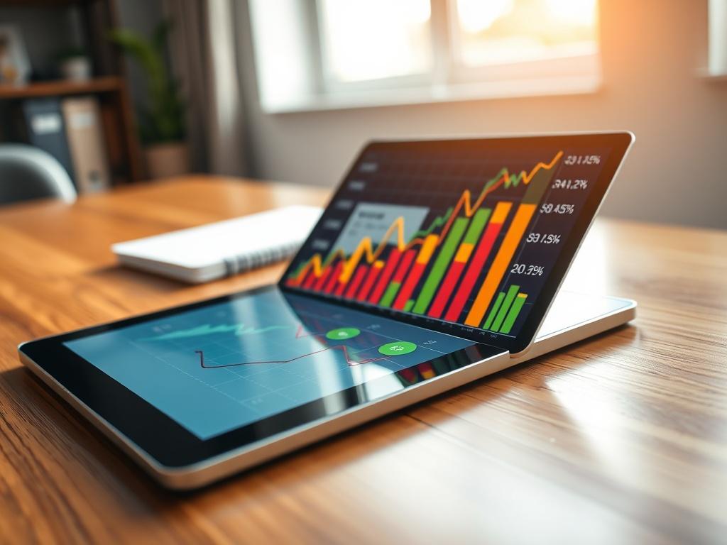 A hyper-realistic close-up shot of a financial chart on a sleek digital tablet. The tablet is placed on a polished wooden desk, illuminated by soft natural light coming from a nearby window. The chart displays upward trends in vibrant colors, showcasing growth and revenue metrics. The background is blurred to emphasize the tablet and chart, creating a clean and professional atmosphere.