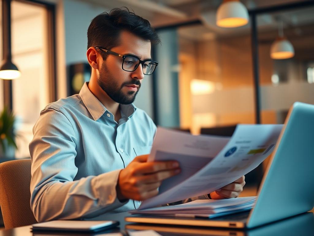 A close-up shot of a professional consultant reviewing medical documentation and coding records in an office setting. The consultant is focused, wearing professional attire, and surrounded by neatly organized paperwork and a laptop. The background is softly blurred to emphasize the consultant and documents. The lighting is warm, creating a welcoming atmosphere, with a color palette that complements rgb(180, 203, 179). The image captures the essence of accuracy and professionalism in medical coding and docum