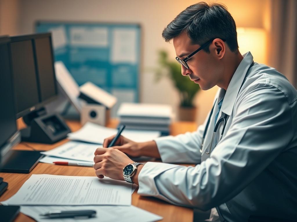 A close-up shot of a focused mental health professional working diligently at their desk, surrounded by paperwork and compliance documents. The background is softly blurred, emphasizing the professional's concentration and the importance of maintaining active credentials. The lighting is warm and inviting, creating a productive atmosphere. The image is rendered in high-resolution with a 45mm f/1.2 lens style, compatible with the primary color rgb(122, 86, 4).